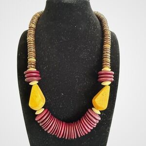 Vintage Bohemian Wood Beaded Necklace 19" Mixed Shapes Chunky Bold Tribal Ethnic